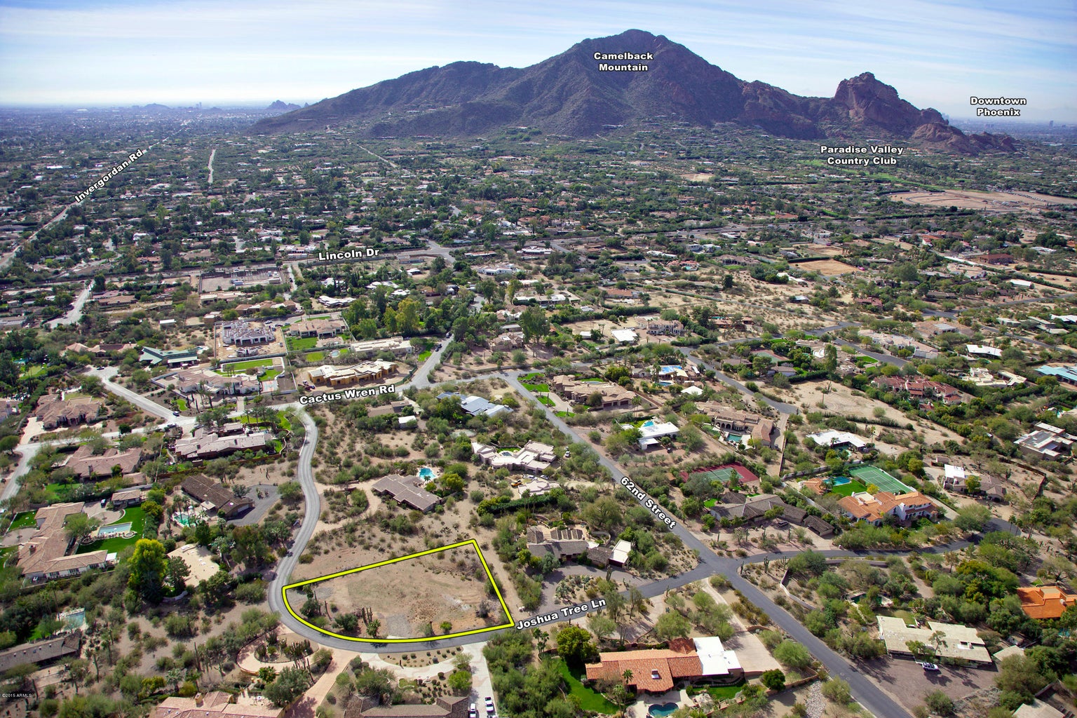 Aerial from North looking South at Camelback Mountain. Lot shape is approximate and Buyer to verify.